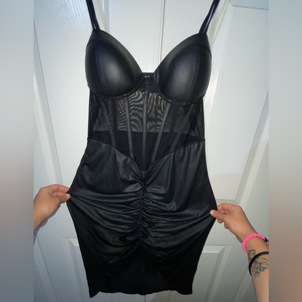Black Partly Mesh Sexy Pleather Party Dress